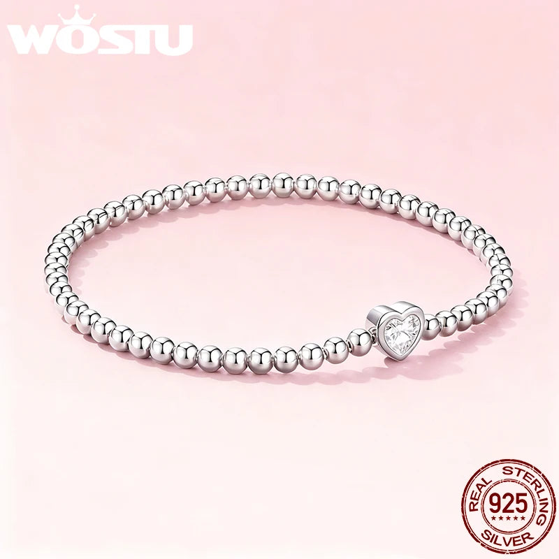 WOSTU 925 Silver Bead Bracelet with 7mm Heart Round CZ,  Adjustable Spring bangle Bracelet to 16-19cm Valentines Day Jewelry