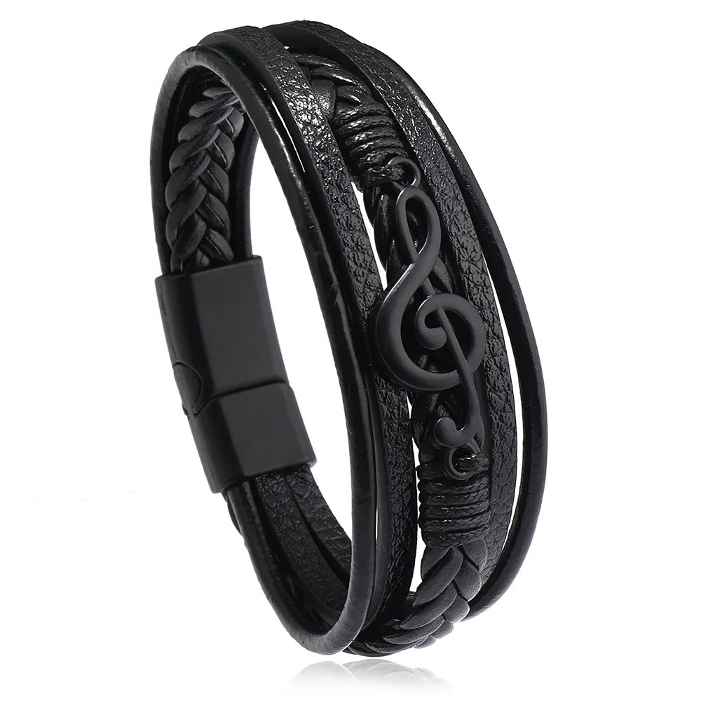 Bracelet en cuir pour homme avec symboles musicaux, style vintage et créatif. Bracelet simple multicouche en cuir.