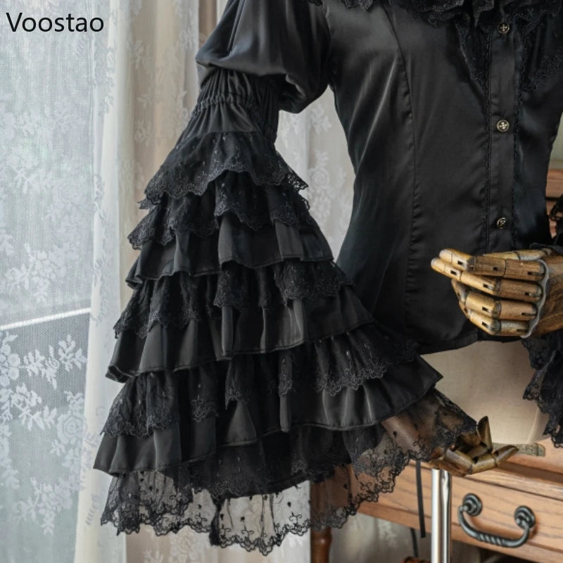 Victorian Elegant Lolita Style Shirts Japanese Women Vintage Gothic Lace Ruffles Flare Long Sleeve Blouses Sweet Y2k Slim Tops - Madeinsea©