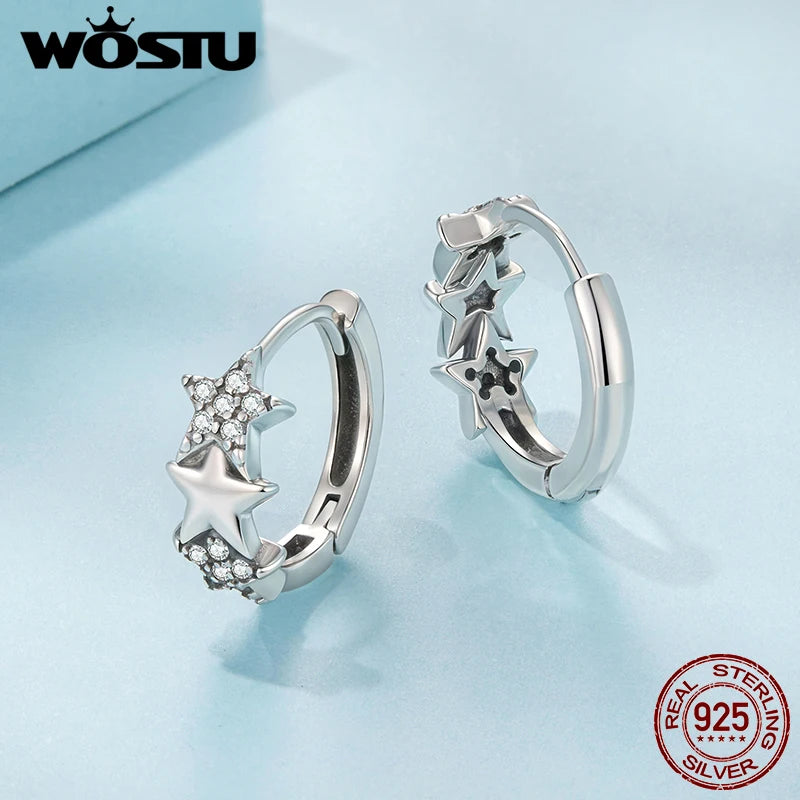 WOSTU 925 Sterling Silver Stackable Star Huggies Earrings, Lady Minimalist Starry Ear Hoops Jewelry Gift for Party Date Night