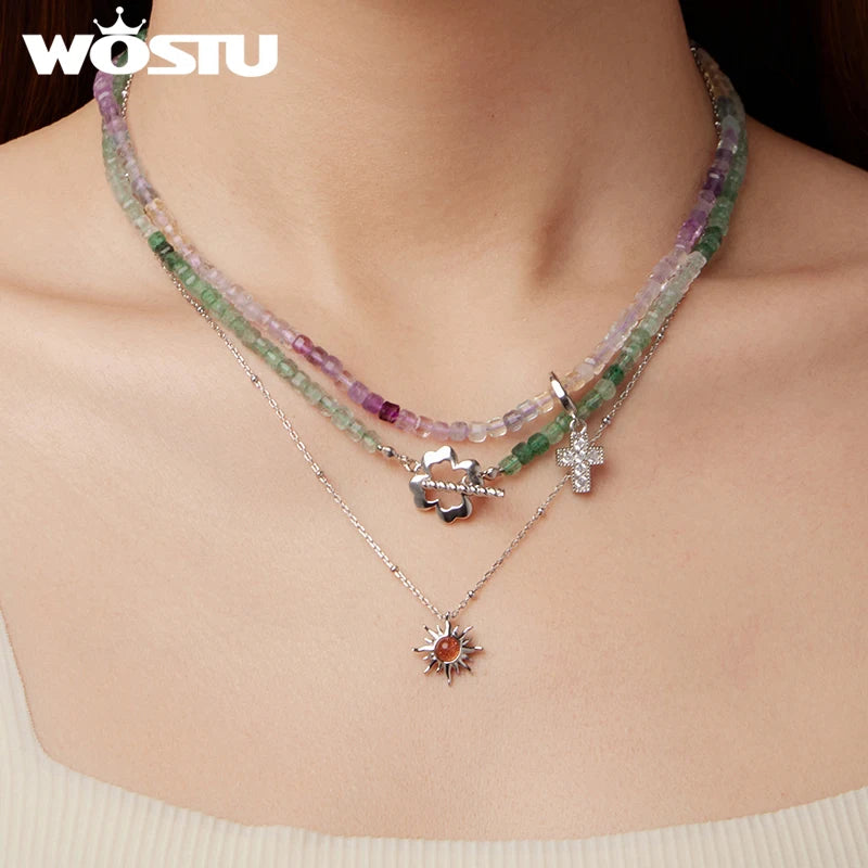 WOSTU 925 Sterling Silver Lucky Strawberry Crystal Necklace Fluorite Sun Fold Wear Chain for Women Girl Party Gift Fine Jewelry
