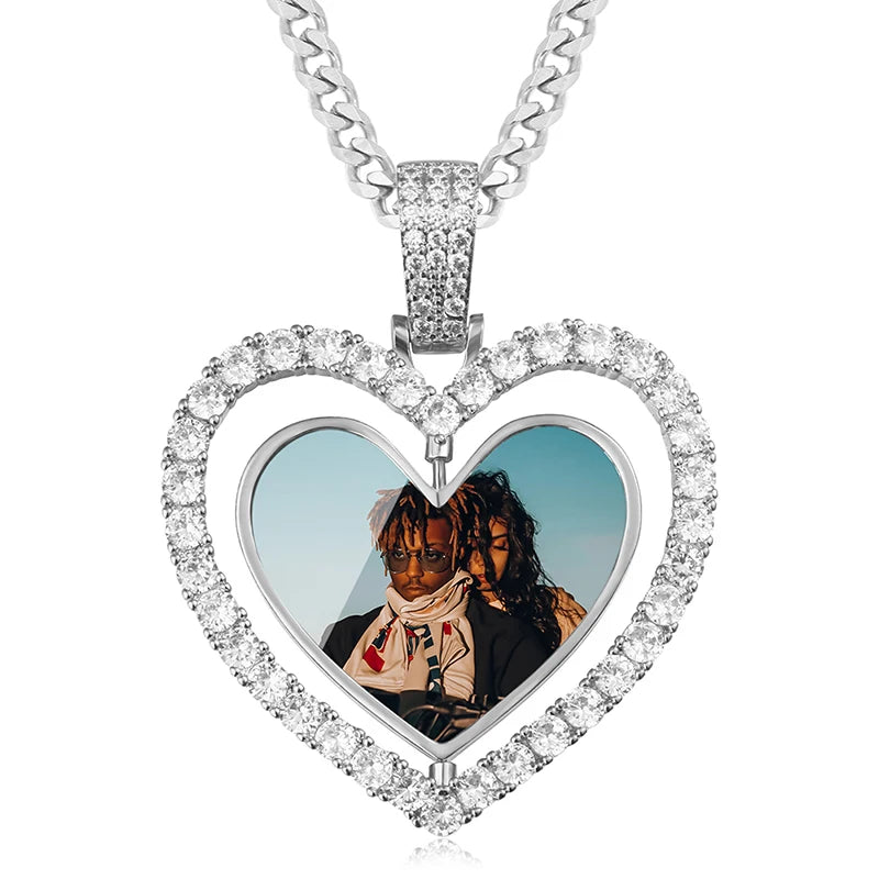 Collier pendentif cœur double face personnalisé pour homme, style hip-hop, pendentif en zircone serti de diamants, médaillon souvenir photo personnalisé