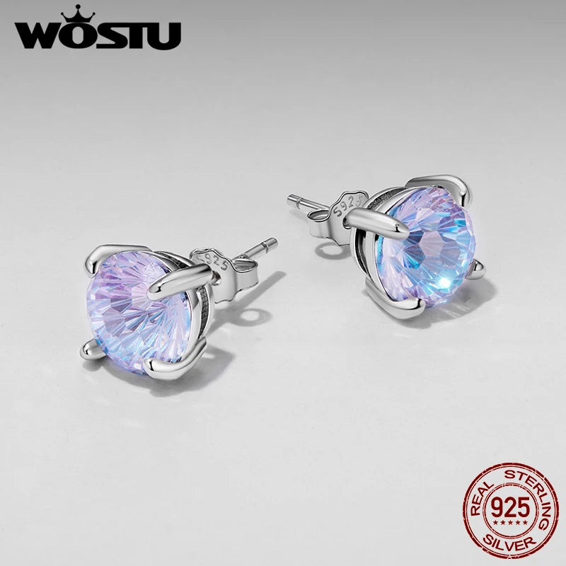 WOSTU 925 Silver Firework Zircon Stud Earrings For Women, Rainbow Purple Classical Round Ear Studs Wedding Gift Xmas Jewelry