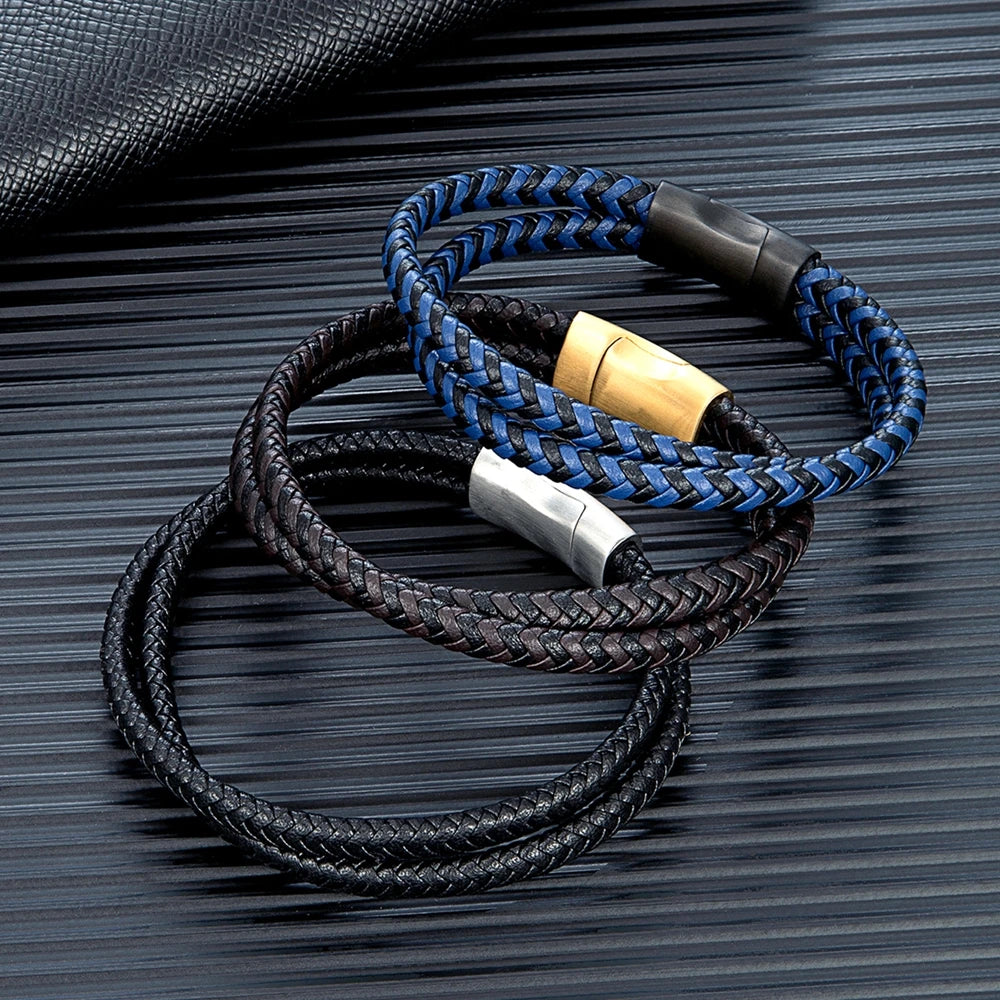 MKENDN Simple Style Men Braided Blue Brown and Black Leather Bracelet Matte Black Stainless Steel Button Accessories Jewelry