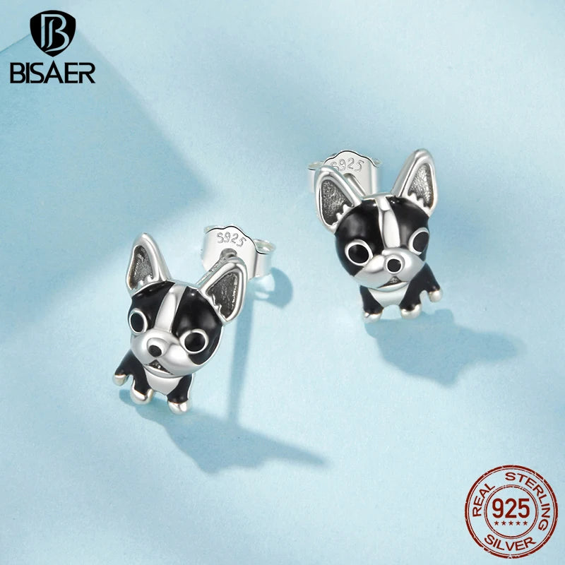 BISAER 925 Sterling Silver French Bulldog Stud Earrings Lovely Pet Animals Enamel Stud Ear for Women & Girls Party Fine Jewelry