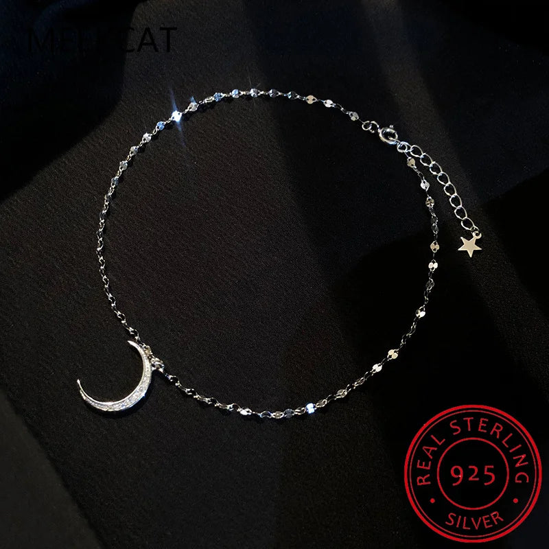 Authentic 925 Sterling Silver Fashion Dazzling CZ Moon Star Bracelet Anklets For Women Fine Silver Jewelry Gift DA623