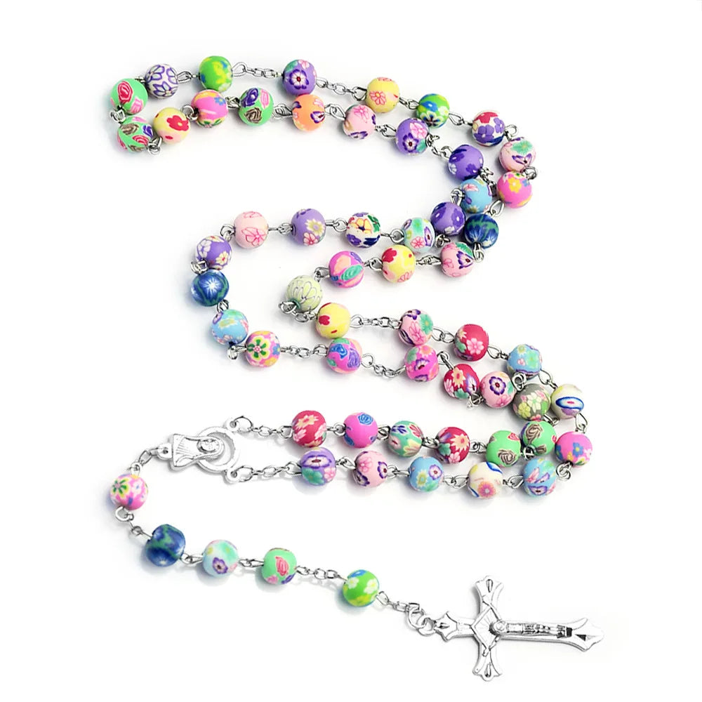 Multicolor Polymer Clay Beads Rosary Cross Necklace For Women INRI Crucifix Pendant Fimo Chain Female Religion Jewelry