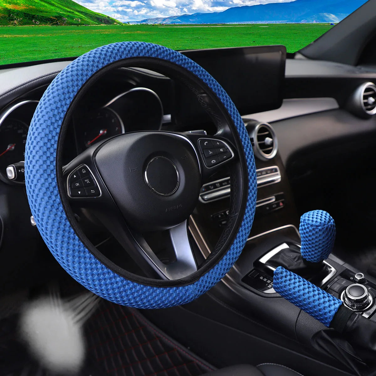 3-piece Massage Mesh Cloth Breathable Car without Inner Ring Steering Wheel Cover Handbrake Cover Handle Cover 14.5-15INCH - Madeinsea©
