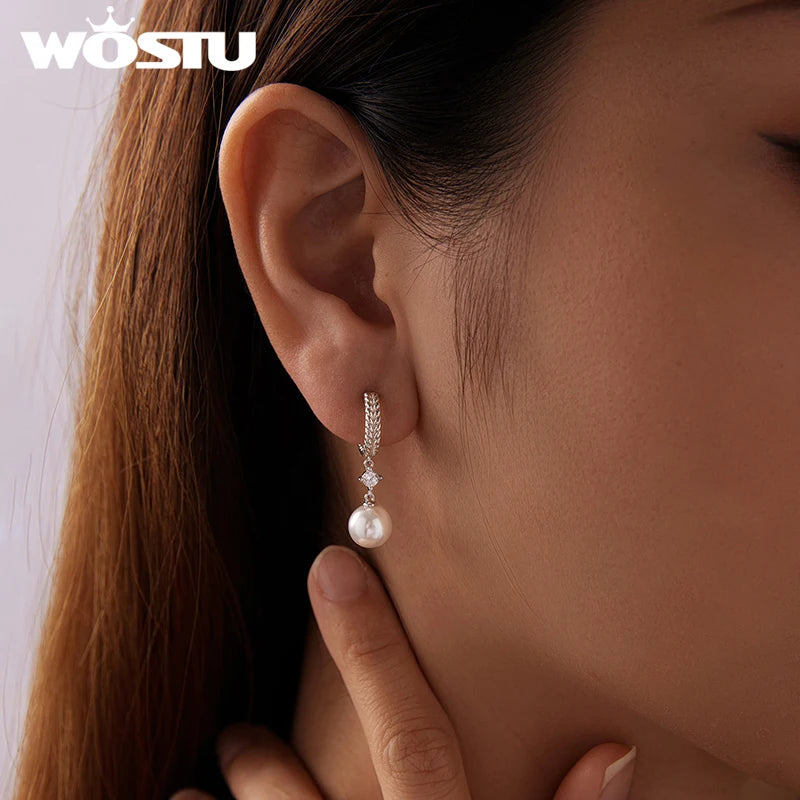 WOSTU 0.2CT Moissanite & Pearl Drop Stud Earrings For Women, Braided Dangle Earrings Wedding Engagement Party Jewelry Gift