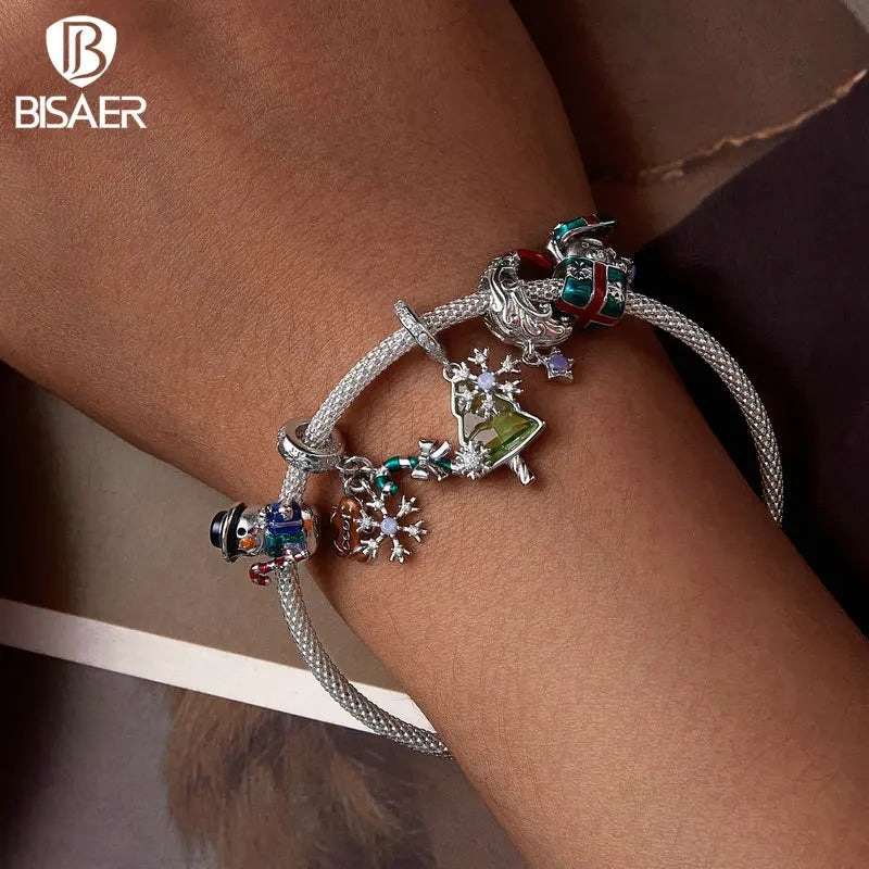 BISAER 925 Argent Sterling Noël Elk Bonhomme en Pain d'épice Père Noël Breloque Perles Arbre de Noël Cloche Renne Pendentif Fit Bracelet DIY