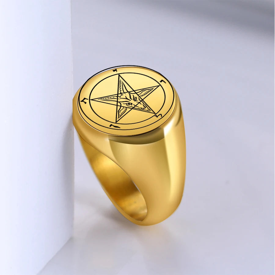 Dreamtimes Man Ring Pentagram baphomet goat sulfur Leviathan cross Satan Devil symbol Stainless Steel Rings For Men Jewelry Gift