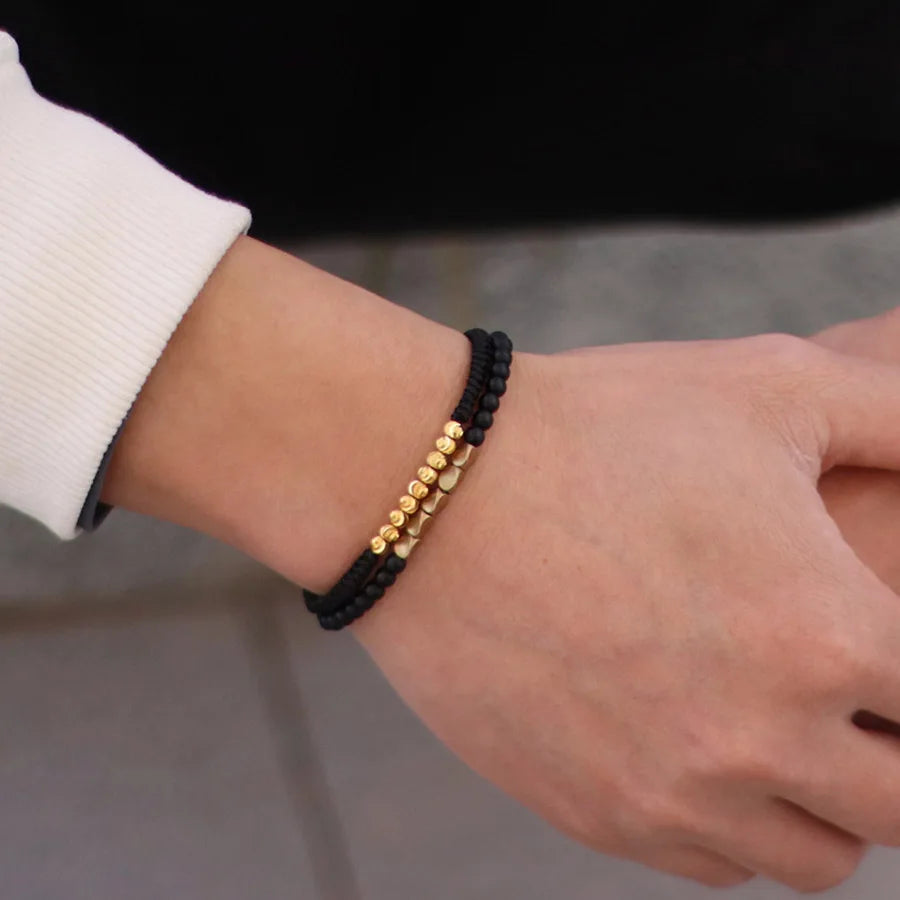 2Pcs Bracelet Set For Men Irregular Gold Color Beads Handmade Braided Good Luck String Braclet Father Day Gift Casual Pulseria