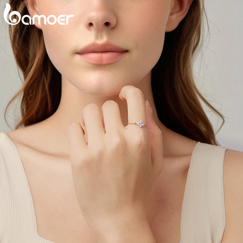 BAMOER 925 Sterling Silver Four Leaf Clover Lucky Chain Ring Adjustable Link Ring with Beads for Women Teen Special Party Gift