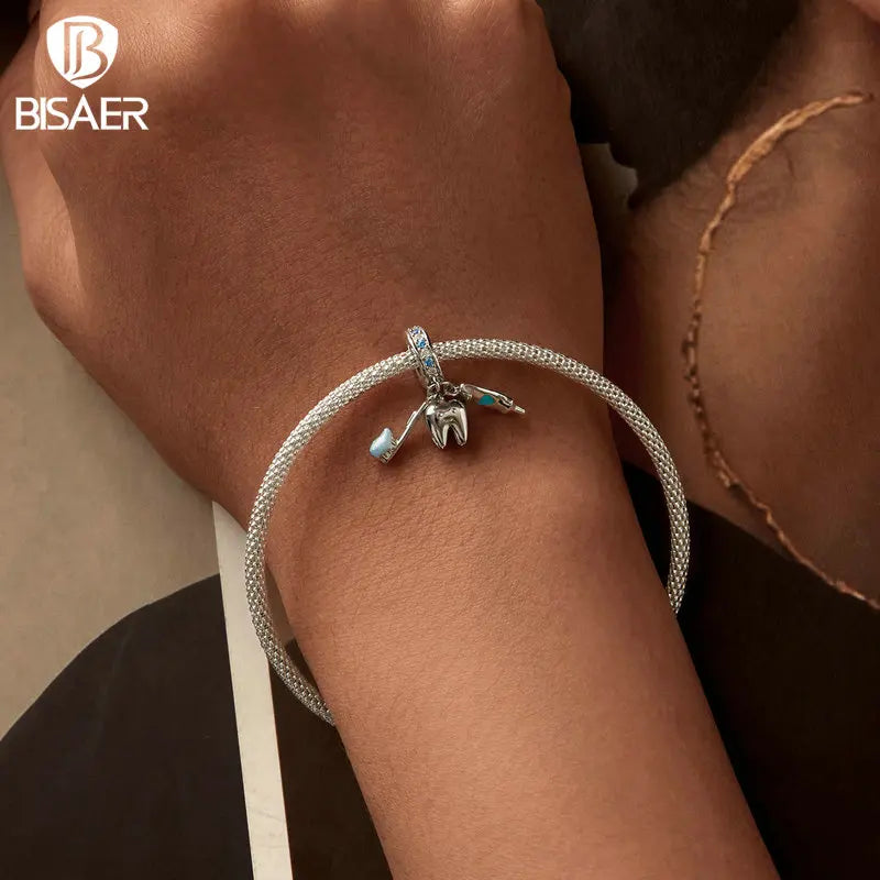 BISAER 925 Sterling Silver Tooth Charm Bead Toothbrush Toothpaste Set Pendant for Women DIY Bracelet & Neckalce Fine Jewelry