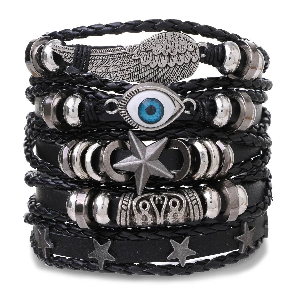 Fashion Black Skull Multi-layer Beaded Hand Leather Bracelet for Men Set Adjustable DIY Leather Winding Hand Rope