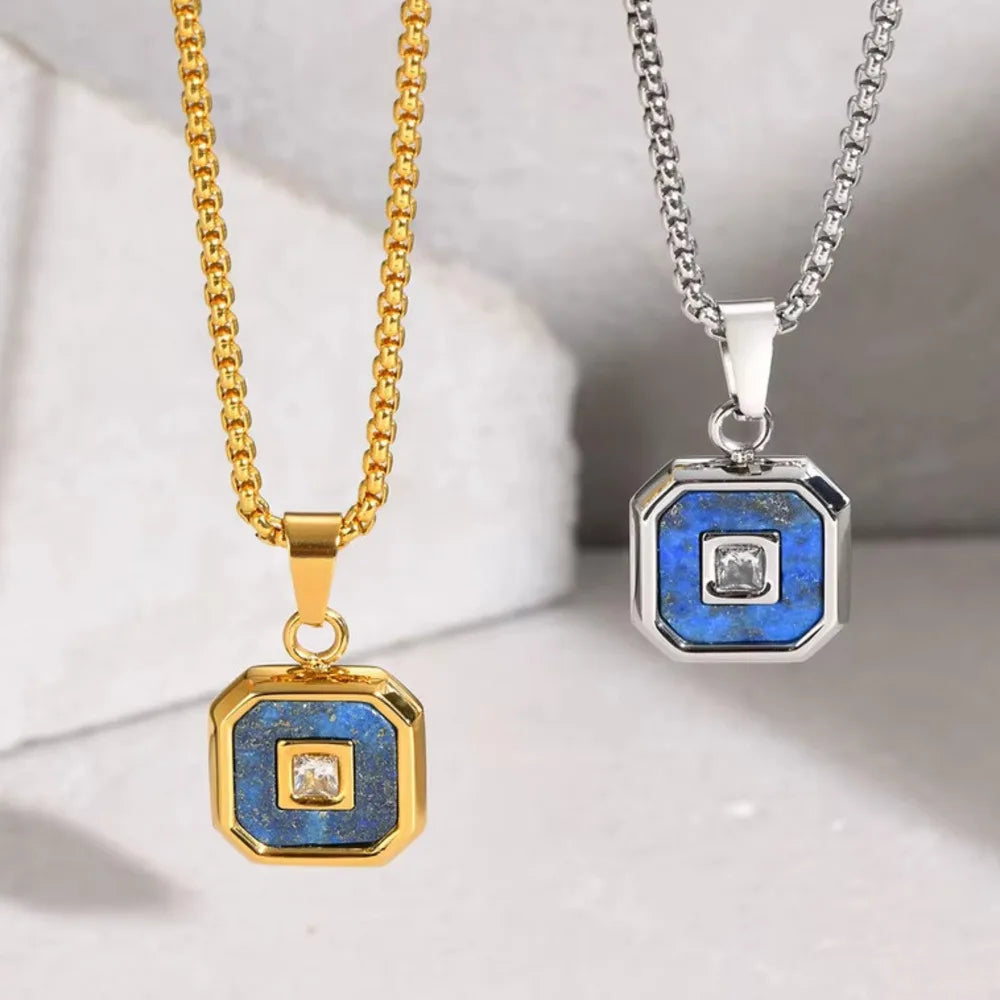 Vnox Mens Square Pendant Necklaces, Small Geometric Natural Stone Pendant with AAA CZ Stone, Simple Vintage Collar