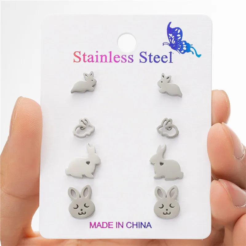 4Pairs/Lot Tiny Rabbit Earrings Women Cute Stainless Steel Bunny Stud Earring Sets for Girls Fashion Animal Ear Studs Birthday