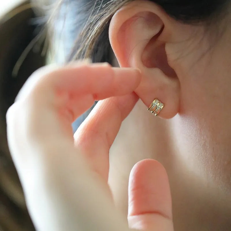 925 Sterling Silver Plated 14K Gold Shining Double Row Zircon Earrings for Women High Quality Stylish Simple Jewelry