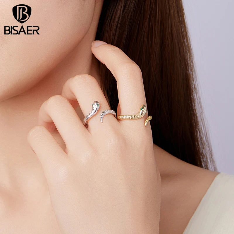 BISAER 925 Sterling Silver Viper Open Ring Size 5-9 Snake Green Zircon Eternity Band Plated Gold for Women Party Fine Jewelry