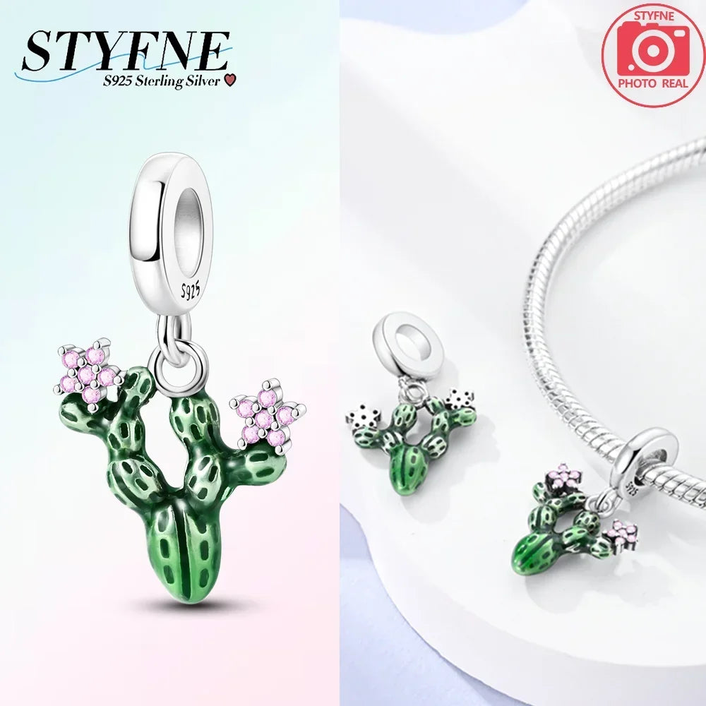 925 Sterling Silver Green Series Tree Cactus Leaves Pendant DIY Charm Beads Fit Original Bangle Charms Bracelet Women Jewelry
