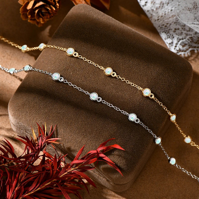 Round Fashion Bracelets White Opal Bezel Set for Women 925 Sterling Silver Adjustable Ladies Bracelet 3mm Girls Jewelry Gift