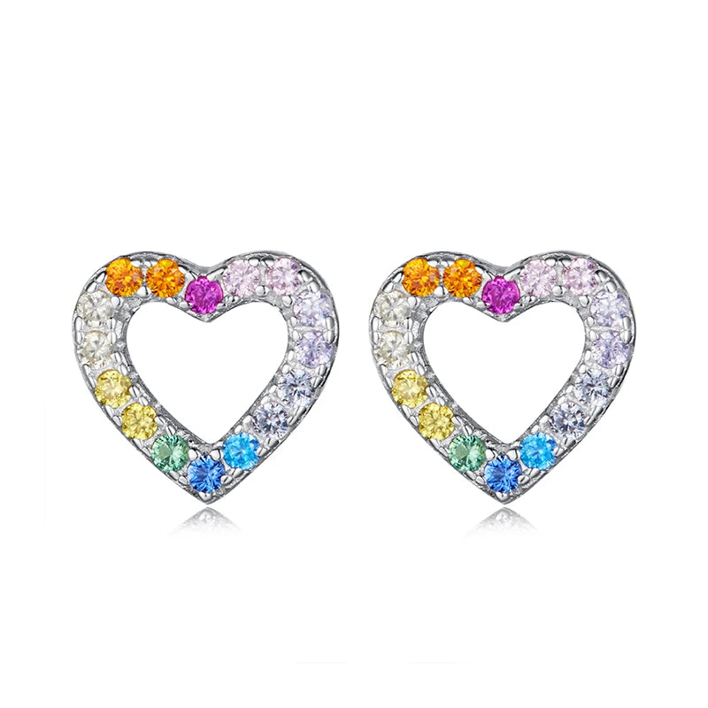 BAMOER 925 Sterling Silber Regenbogen Herz Ohrstecker für Damen, besetzt mit Zirkonia, süße Schmuckstücke, perfektes Geschenk für Paare