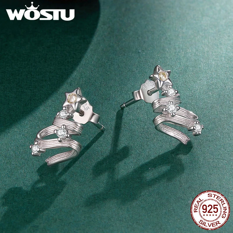 WOSTU Solid 925 Silver Christmas Tree Star Stud Earrings For Women, AAA Cubic Zirconia Bar Studs Luxury New Year jewelry gift
