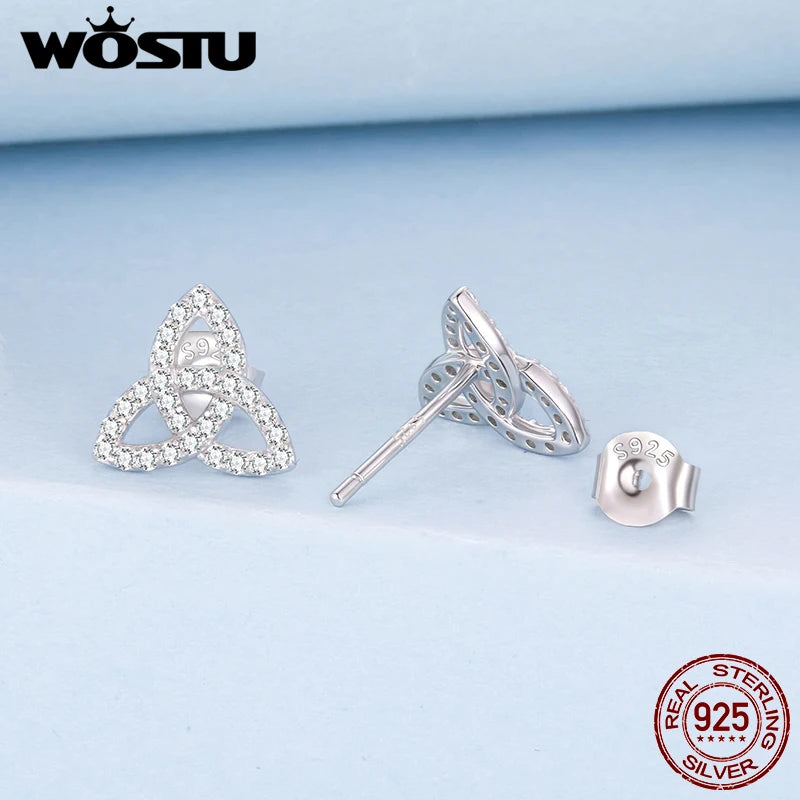 WOSTU Solid 925 Sterling Silver Clover Wedding Stud Earrings, Unique Shamrock Silver Earrings with CZ Jewelry Gift for Her