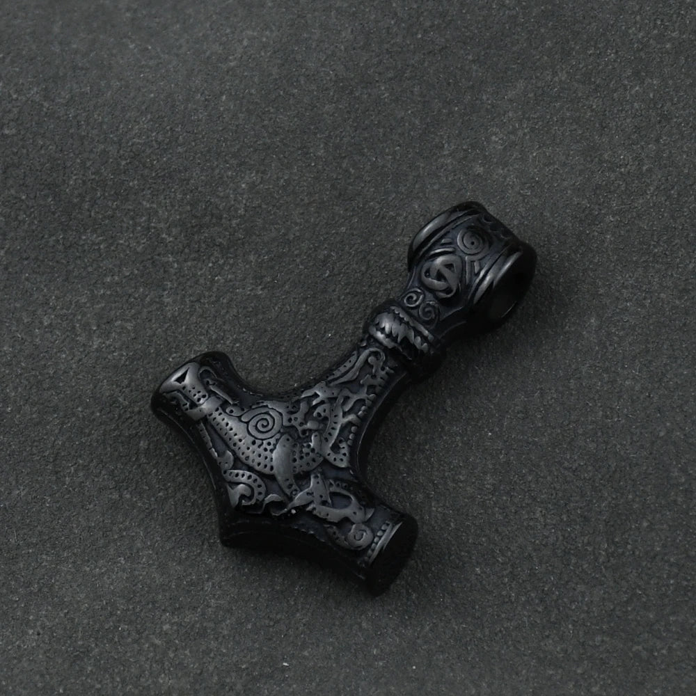 Stainless Steel Wolf Head with King Chain Necklace thor's hammer mjolnir viking  Rune Amulet Domineering Biker Jewelry