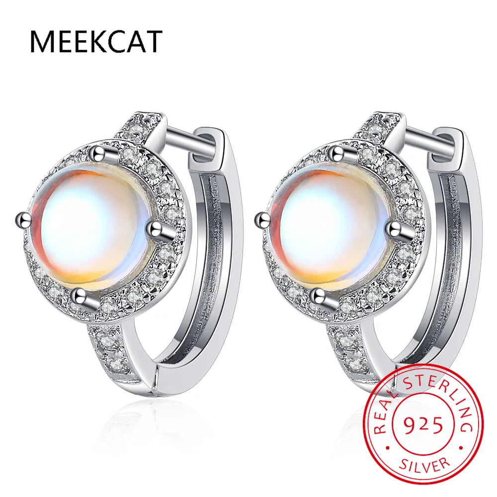 Round Cut Natural Colorful Moonstone 925 Sterling Silver Hoop Earrings for Women Gemstone Statement Jewelry Aretes De Mujer