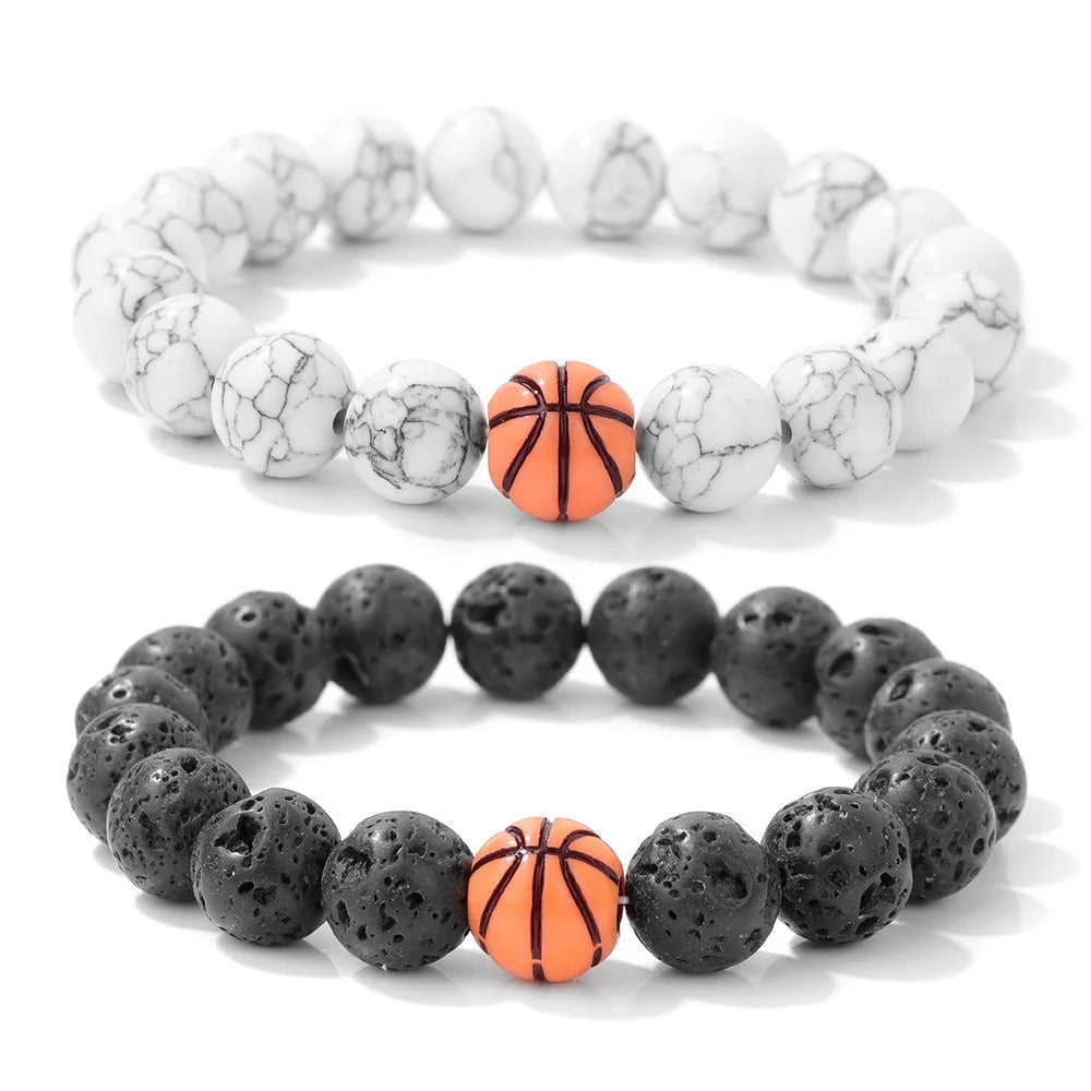 New 2Pcs Men Bracelet Set 10mm White Howlite Lava Stone Strand Braslet Basketball Football Baseball Braclet Handmade Pulseria