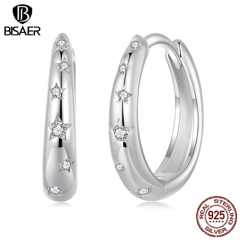 Boucles d'oreilles créoles en argent sterling 925 BISAER pour femme avec sertissage pavé et boucles en zircon plaqué or blanc
