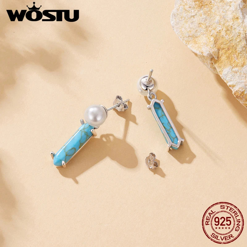 WOSTU 925 Sterling Silver Pearl &Turquoise Drop Dangle Earrings for Women Elegant s925 Silver Party Holiday Jewelry Gift