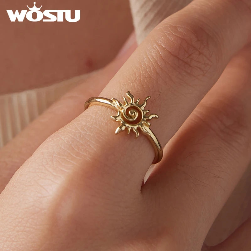 WOSTU 925 Sterling Sliver Golden Sun Open Ring For Women , 18K Gold Plate Sun Adjustable Rings Stacking Xmas Holiday Punk Gift
