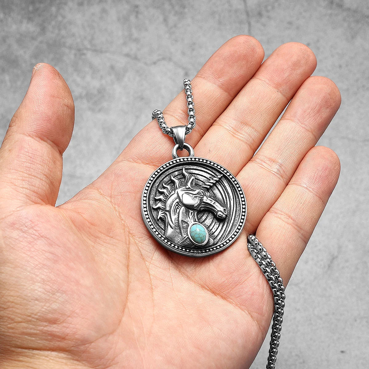 Unicorn Gem Pendants Men Necklaces 316L Stainless Steel Turquoise Chain Rock Hip Hop for Friend Male Jewelry Gift Dropshipping