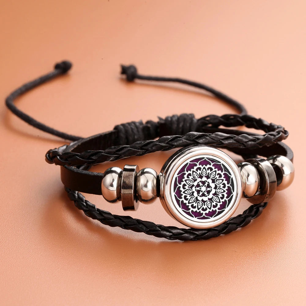 Black Leather Aromatherapy Bracelet Bangle Adjustable Leather Bracelet Perfume Essential Oil Diffuser Bracelet Locket Jewelry