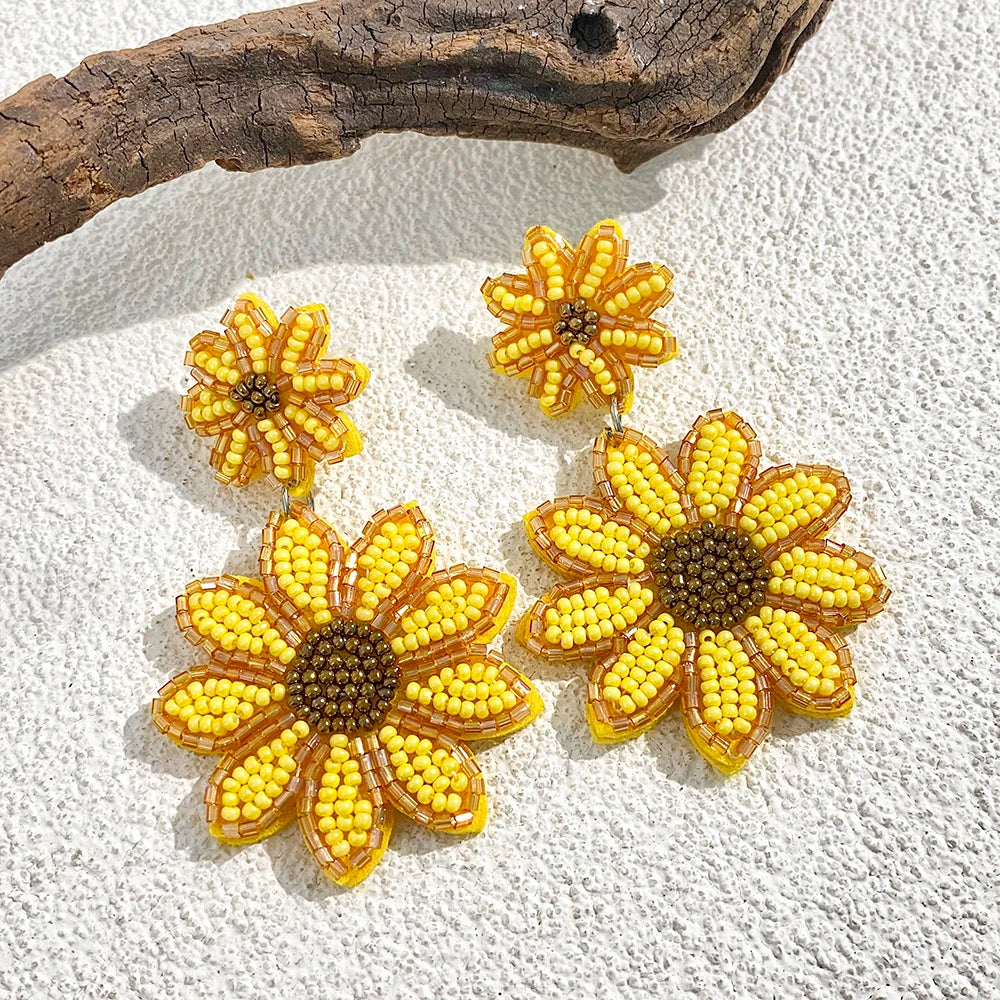AENSOA Handmade Yellow Beaded Sunflower Drop Earrings for Women Girls Statement Seed Bead Floral Dangle Earrings Party Jewelry