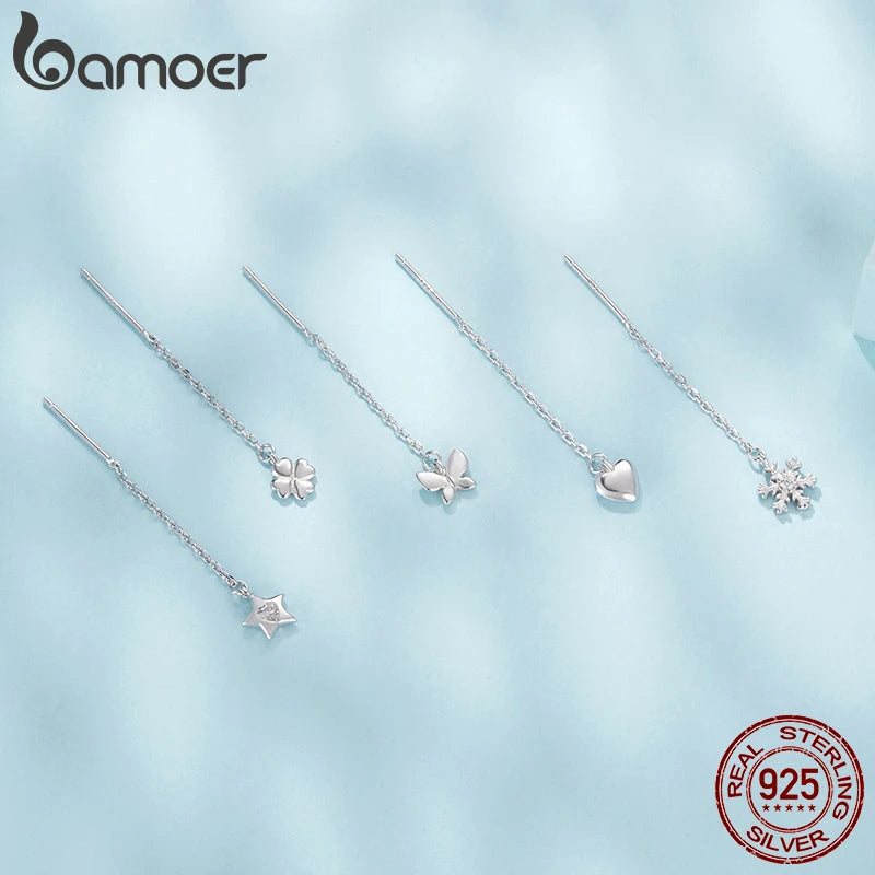 BAMOER 925 Sterling Silber Schneeflocke Tropfen Baumeln Ohrringe für Frauen Teenager Elegante Lange Baumeln Ohrringe Einfädler Quaste