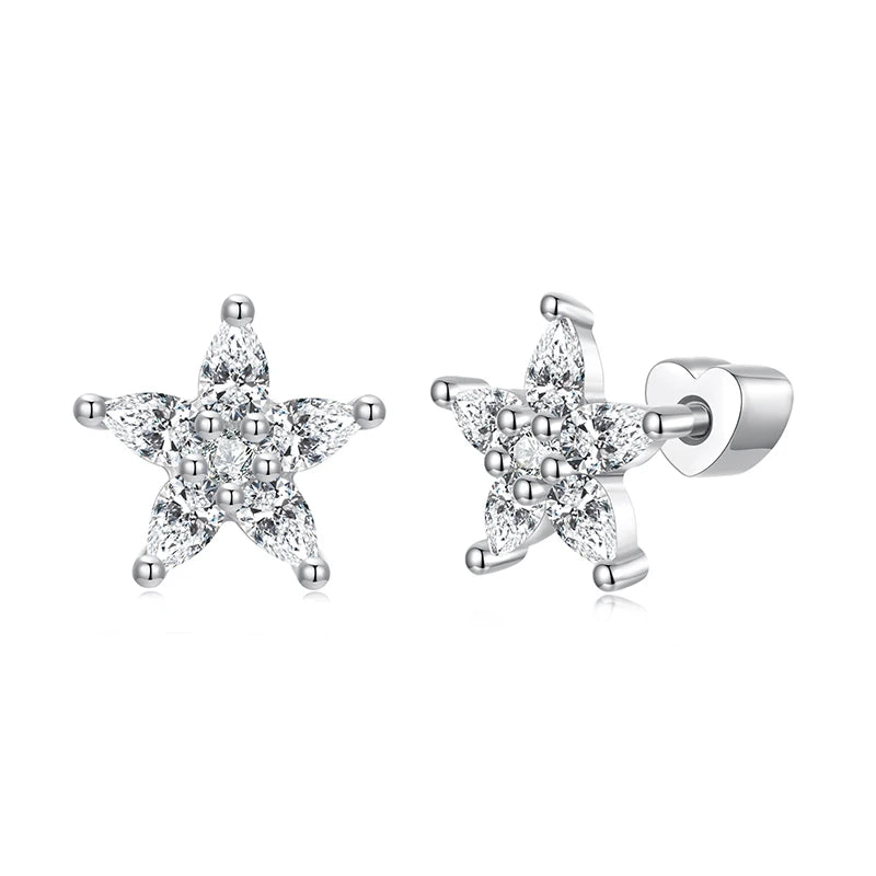 Boucles d'oreilles BAMOER Mini Étoile en argent sterling 925, hypoallergéniques, serties de zirconiums cubiques, en forme de fleur. Bijou brillant à offrir aux femmes et adolescentes.