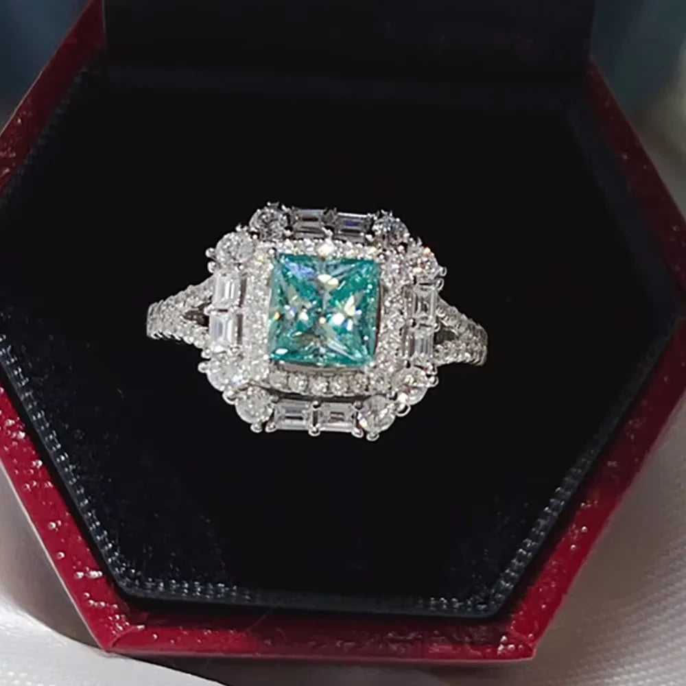1ct Princess Paraiba Moissanite Rings for Women Gift Solid s925 Silver Blue Green Lab Diamond Eternity Rings Plated 18K Jewelry - Madeinsea©