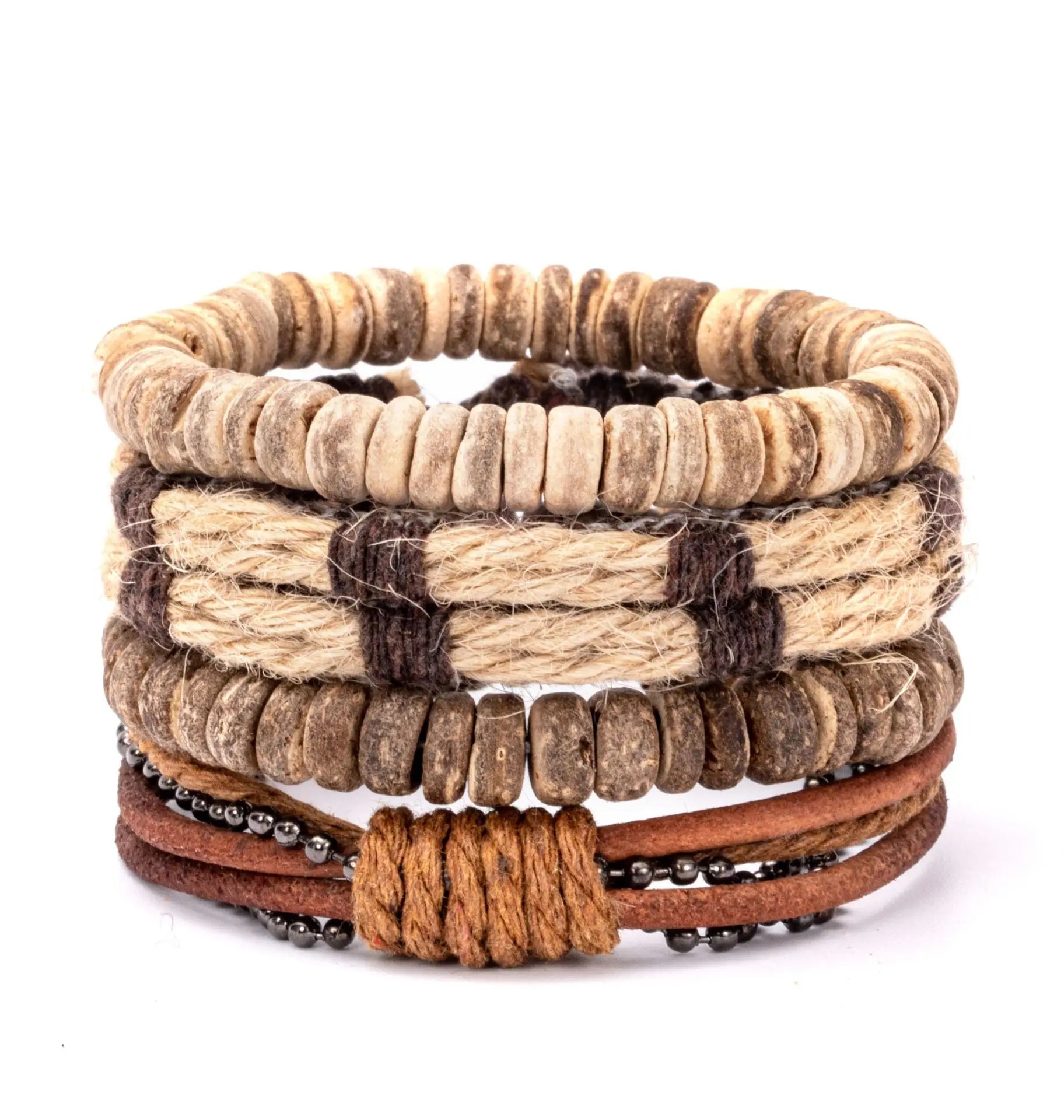 4Pcs/ Set Braided Wrap Leather Bracelets for Men Vintage Life Tree Rudder Charm Wood Beads Ethnic Tribal Wristband Rope Bracelet