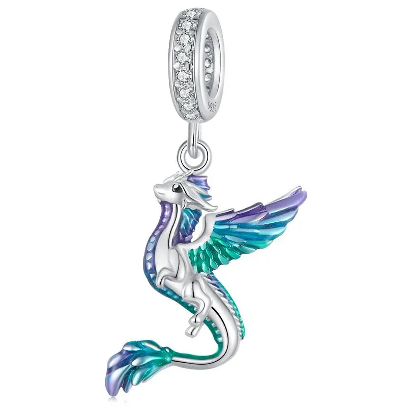 BAMOER 925 Sterling Silver Animal Pendant Colorful Zoo World Flying Dragon Beads Original for Women Teens DIY Cute Necklace