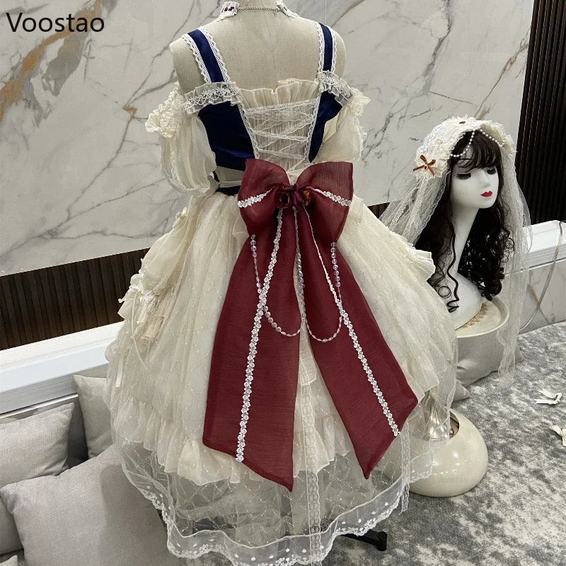 Japanisches Sweet Lolita Prinzessinnenkleid für Damen, elegant im Vintage-Stil mit Schleife, schulterfrei, aus Spitze, Mesh und Perlen, Abendkleid für Partys, Lolita-Kleidung