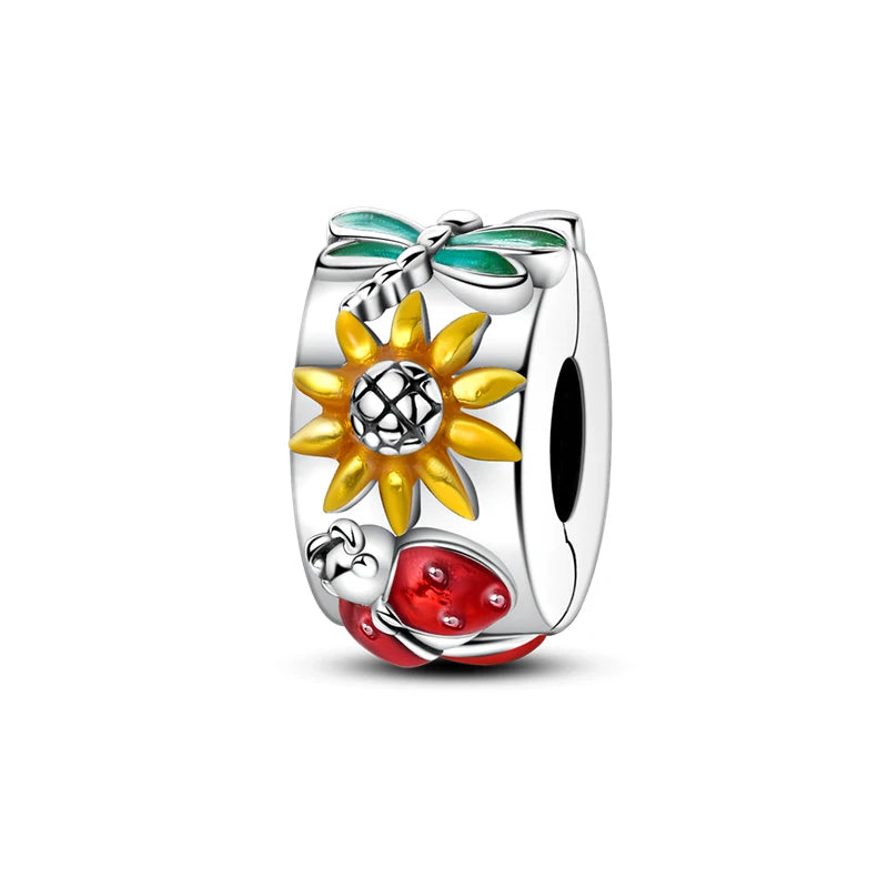 Charms 925 Silver Butterfly Flowers Colorful Zircon Silicone Spacer Beads Fit Pandach 925 Original Bracelets Fine DIY Jewelry