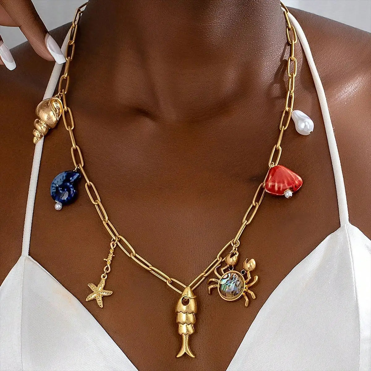 Beach Fish Coral Shell Multi Charm Summer Necklace