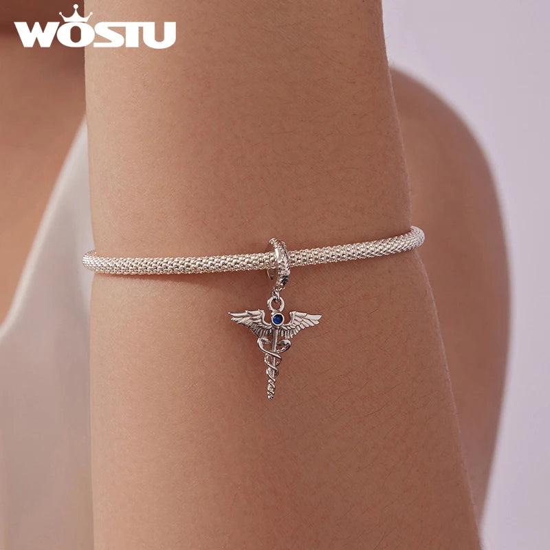 WOSTU Real 925 Sterling Silver Double Snake Caduceus Charm Pendant Fit Bracelet Necklace DIY Jewelry Make Gift for Doctors Nurse