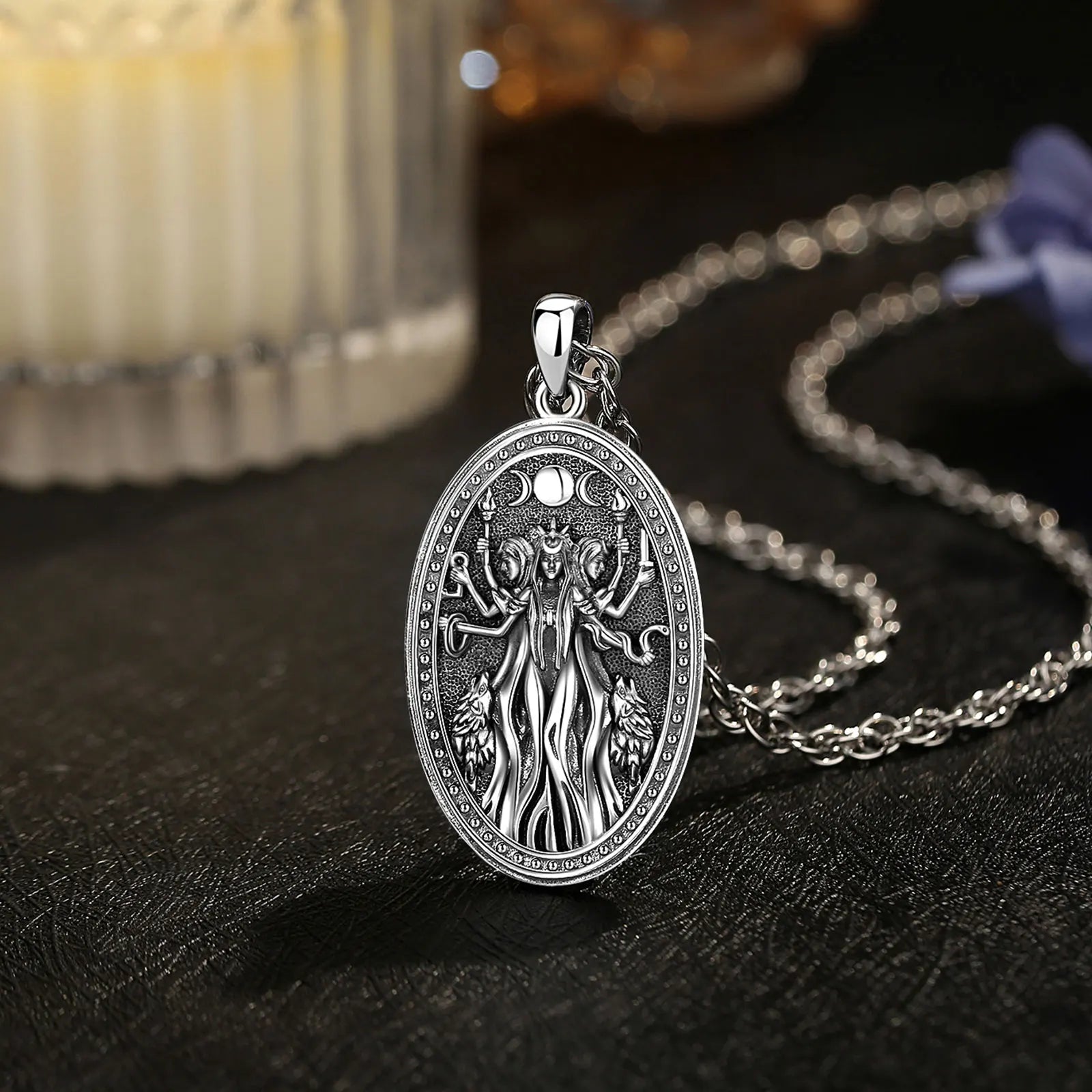 Eudora 925 Sterling Silver Triple Moon Goddess Necklace Hecate Dog Amulet Pendant Triple Goddess Jewelry for Women Man Gift