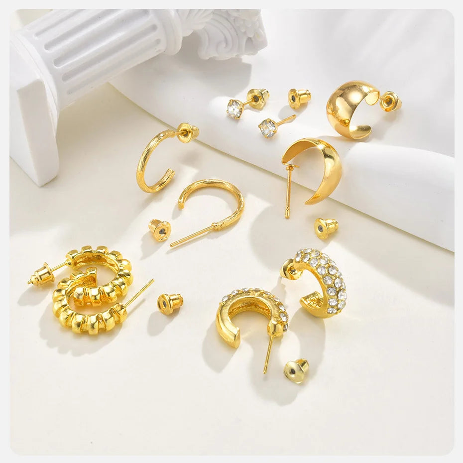 Vnox Classic Gold Plated 10/6-piece Set Women Earrings Cubic Zirconia Smooth C-shaped Hoop Earrings Fashion Female Jewelry Set