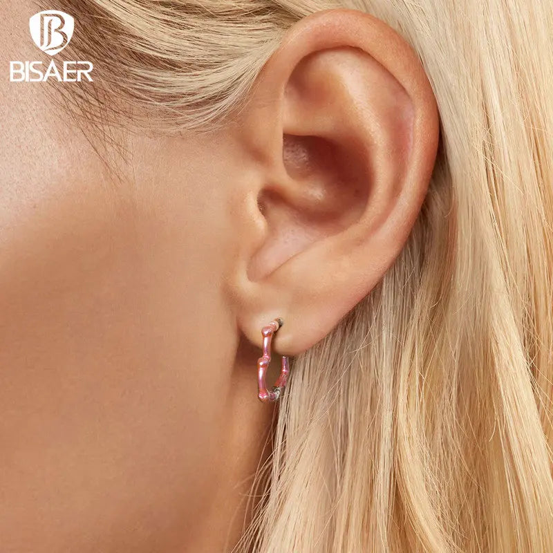 Boucles d'oreilles à tige en forme de cœur et nœud en argent sterling 925 BISAER en verre de rêve rose plaqué platine pour femme, bijoux fins de fête