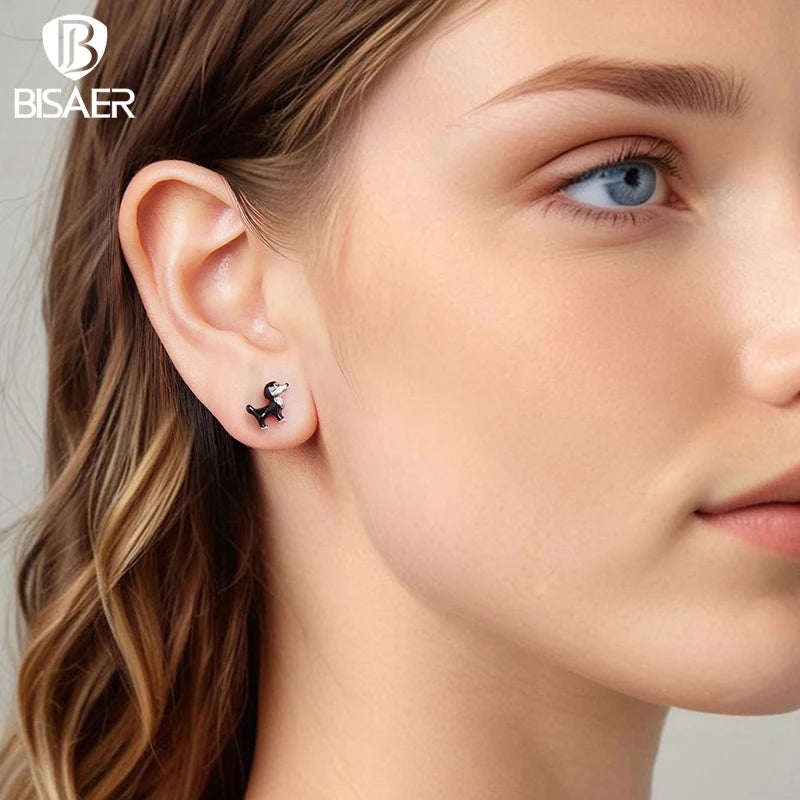 BISAER 925 Sterling Silver Cute Border Collie Stud Earrings Pet Dog Enamel Proces Stud Ear for Women & Girl Party Fine Jewelry